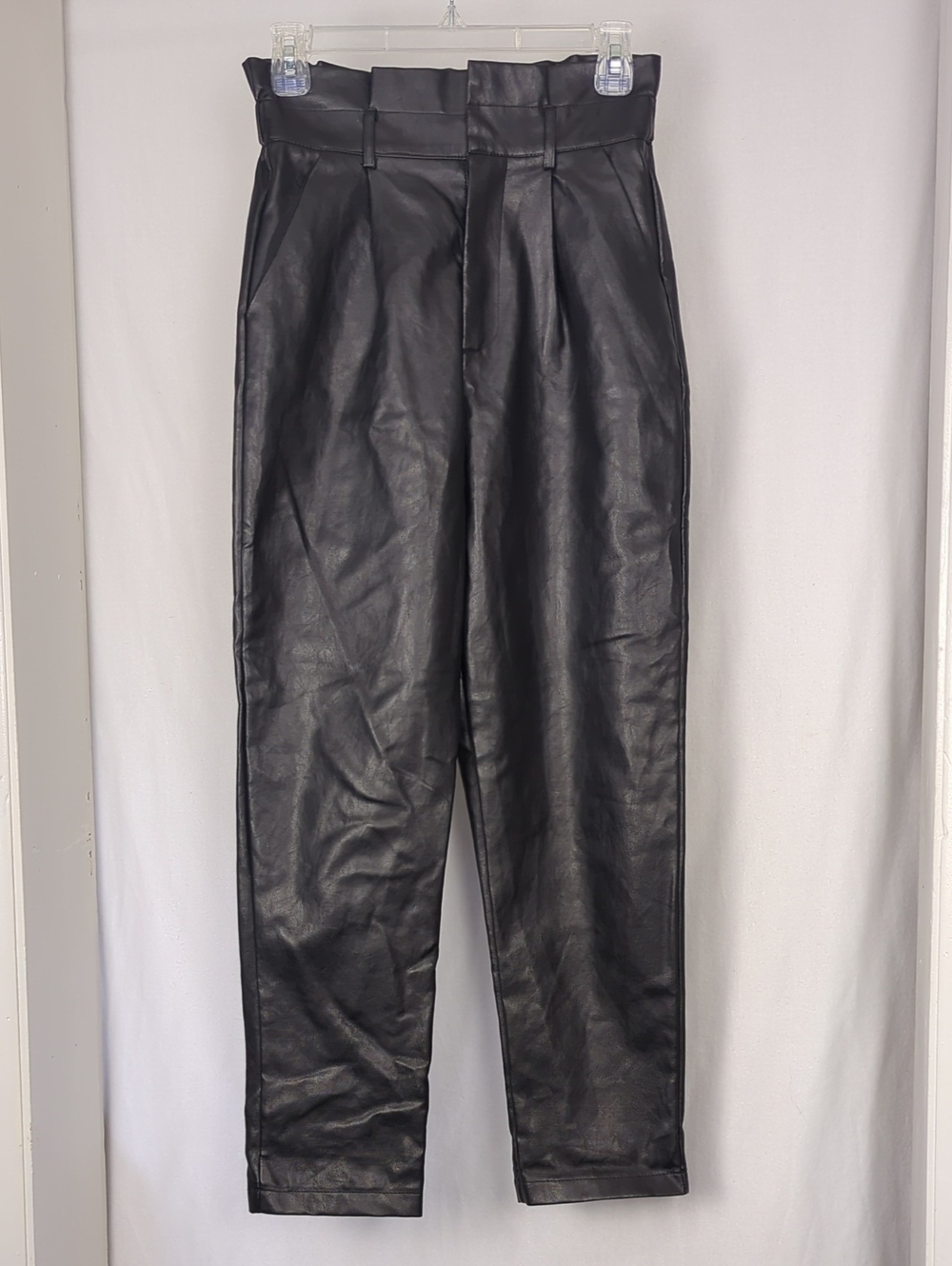 GLAM Women's Black Vegan Leather Paperbag Style Pants Small